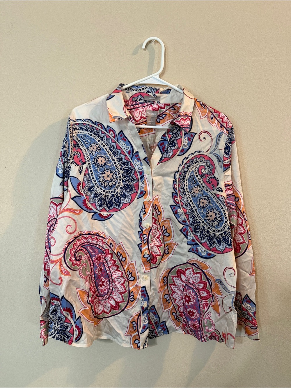 Chico's White Button-Down Shirt with Blue, Pink & Orange Paisley